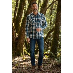 Pop Icon Clothing Western Plaid Shirt L Blue White Snap Button Cotton Embroidere